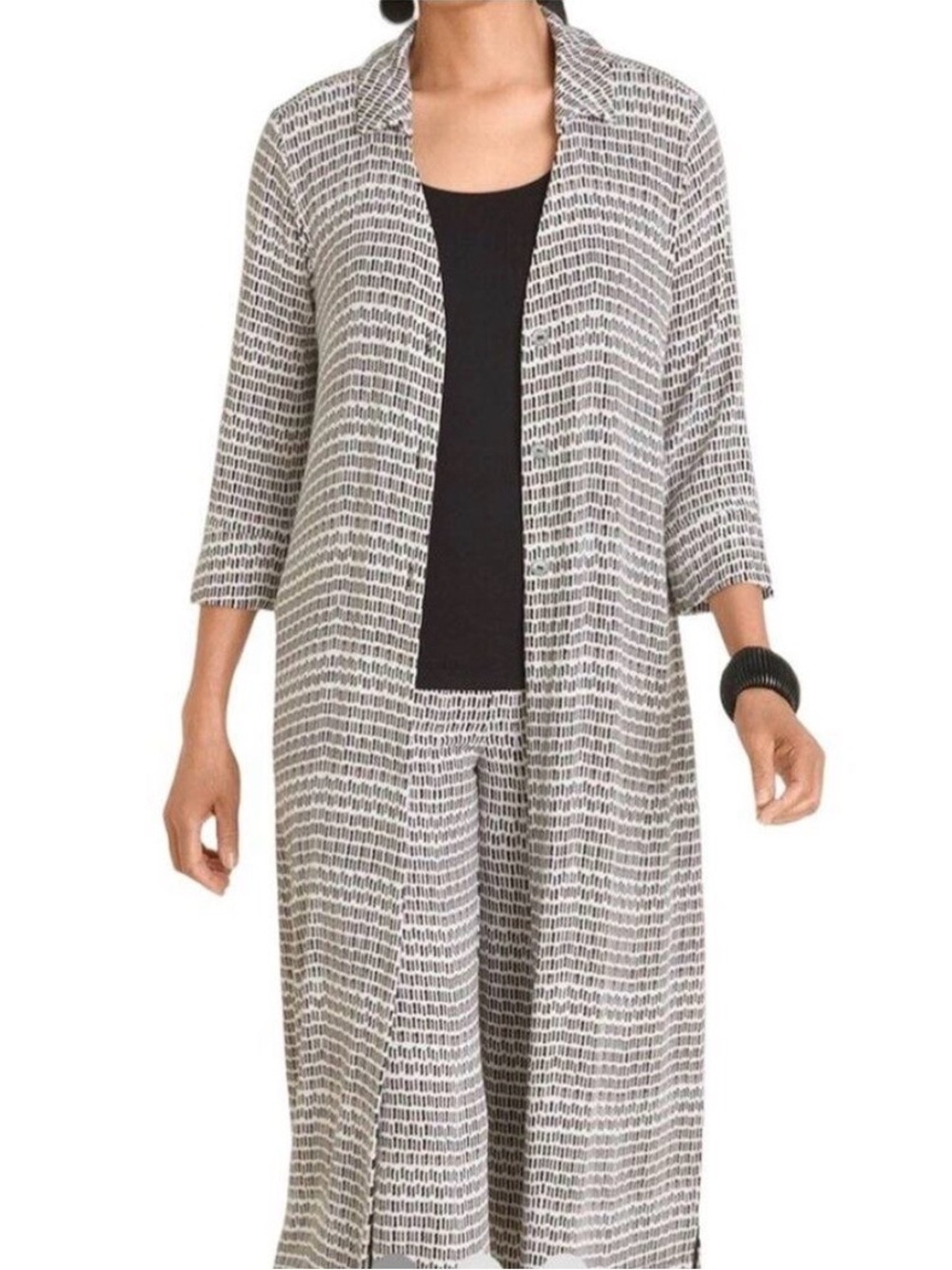 Chico's Black & White Traveler Maxi Duster Topper 3-button Sz 2 Large